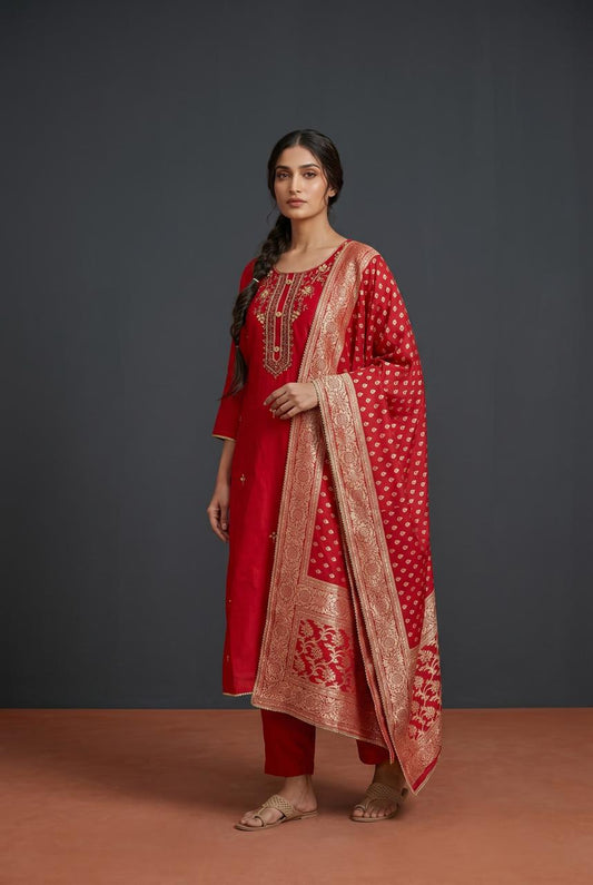 Red Gota Patti Silk Set with Banarasi Dupatta