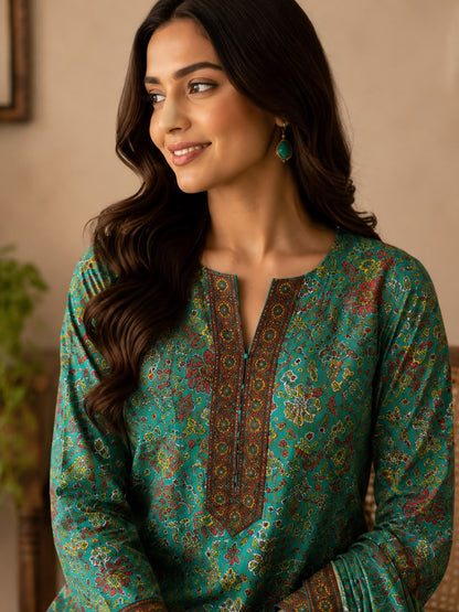 Kalamkari Printed Three-Piece Suit Set