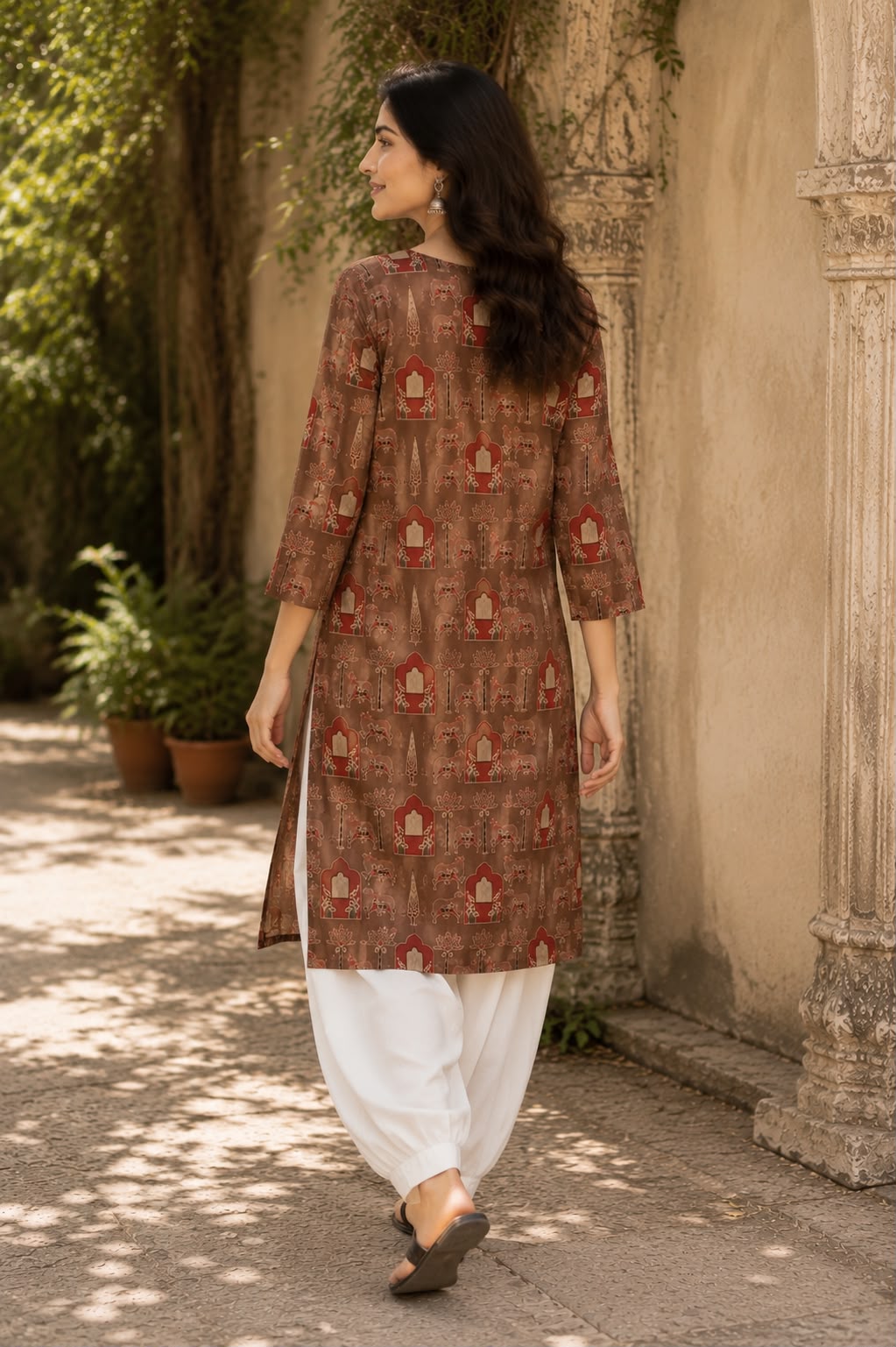 Brown Mughal Print Cotton Kurti