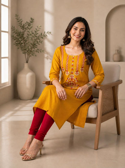 Mustard Embroidered Kurti