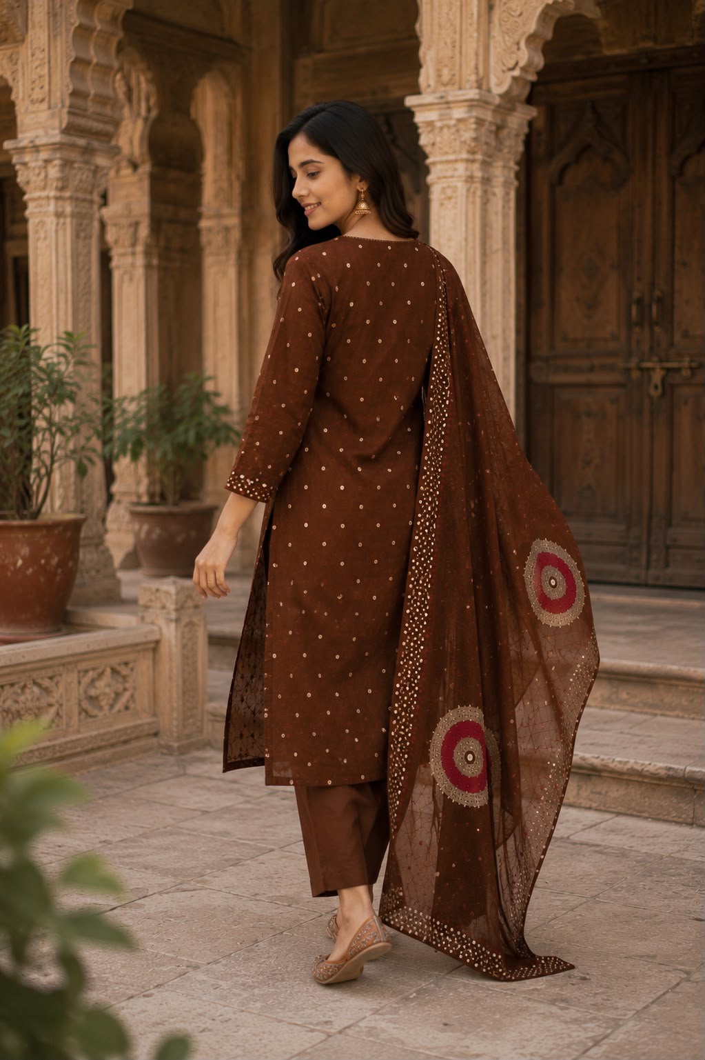Brown Bandhani Suit Set