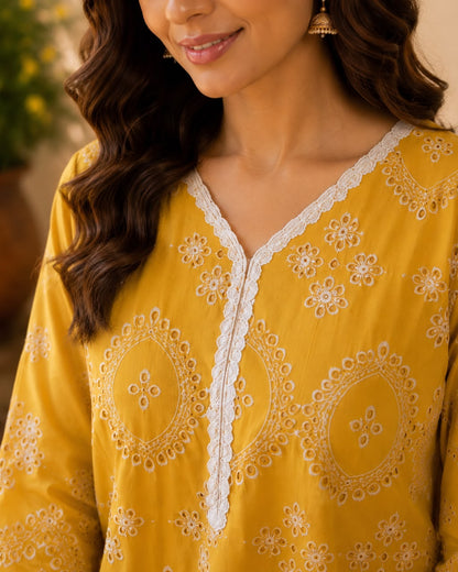 Yellow Schiffli Cotton Co-ord Set