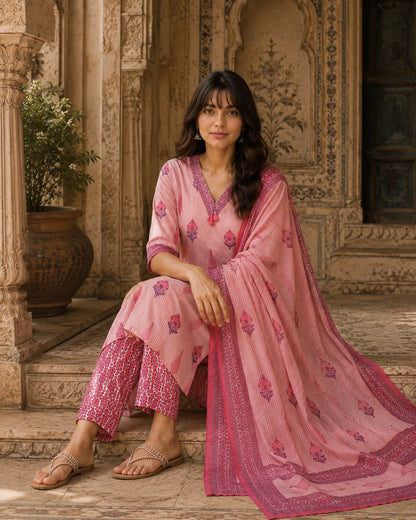 Pink Jaipur Print Cotton Suit Set