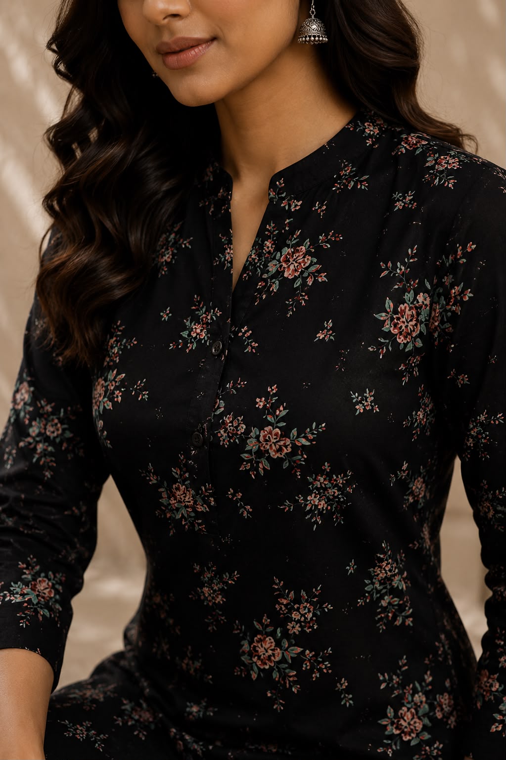 Black Floral Rayon Cotton Kurti