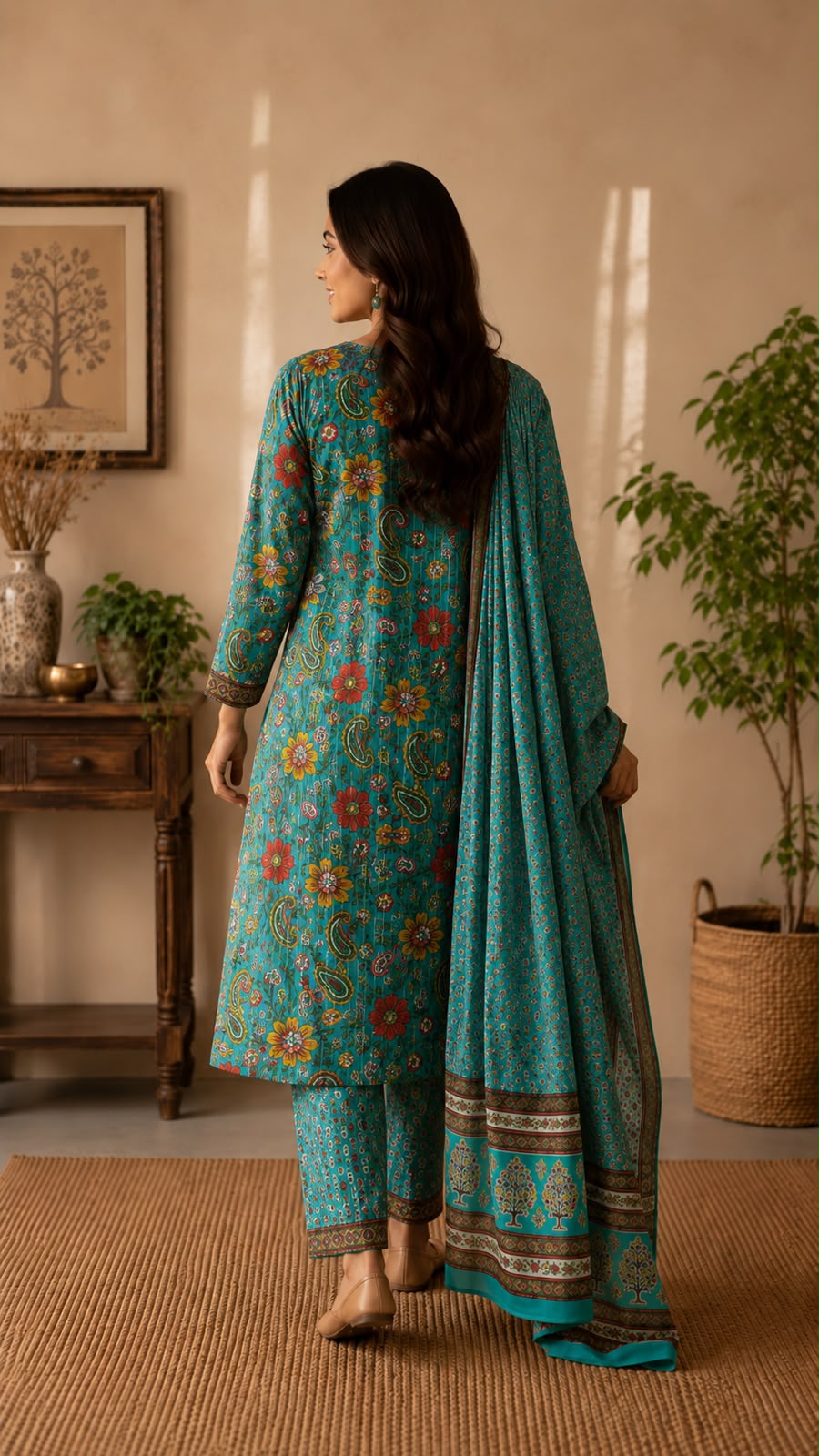 Kalamkari Printed Three-Piece Suit Set