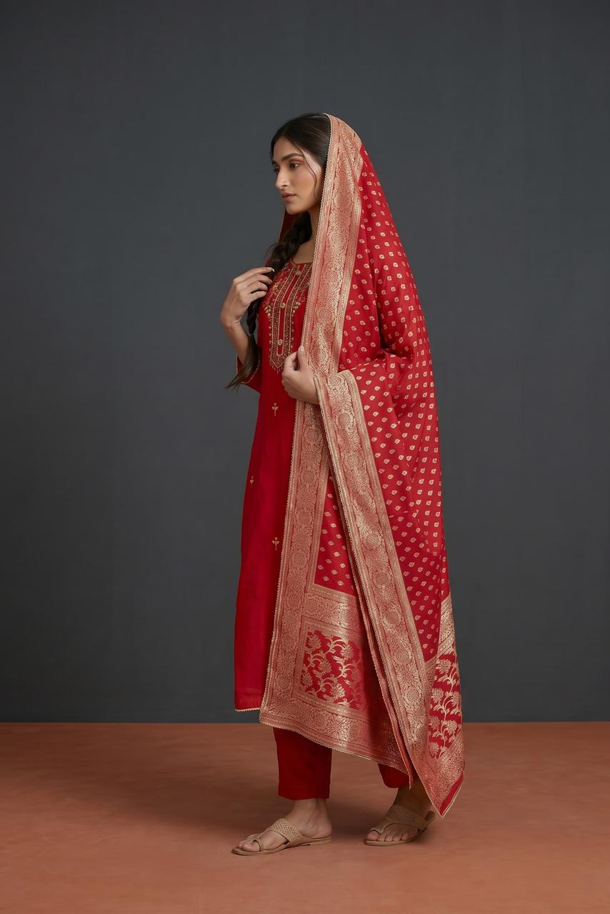 Red Gota Patti Silk Set with Banarasi Dupatta