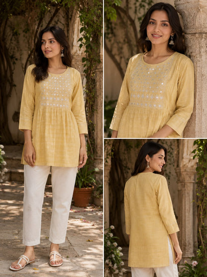 Pastel Yellow Embroidered Short Kurti