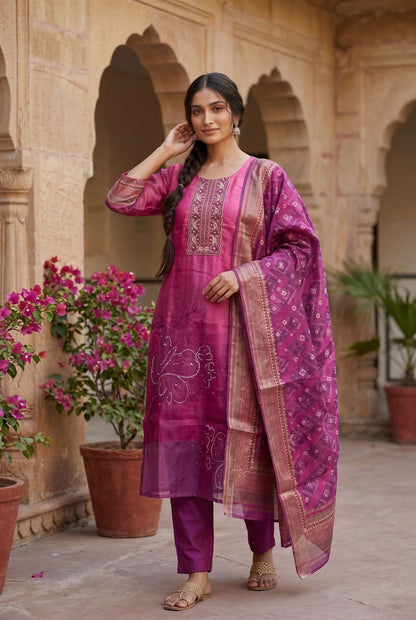 Magenta Embroidered Suit Set