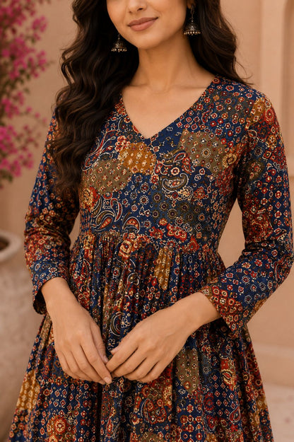Navy Blue Printed Cotton Kurta Set