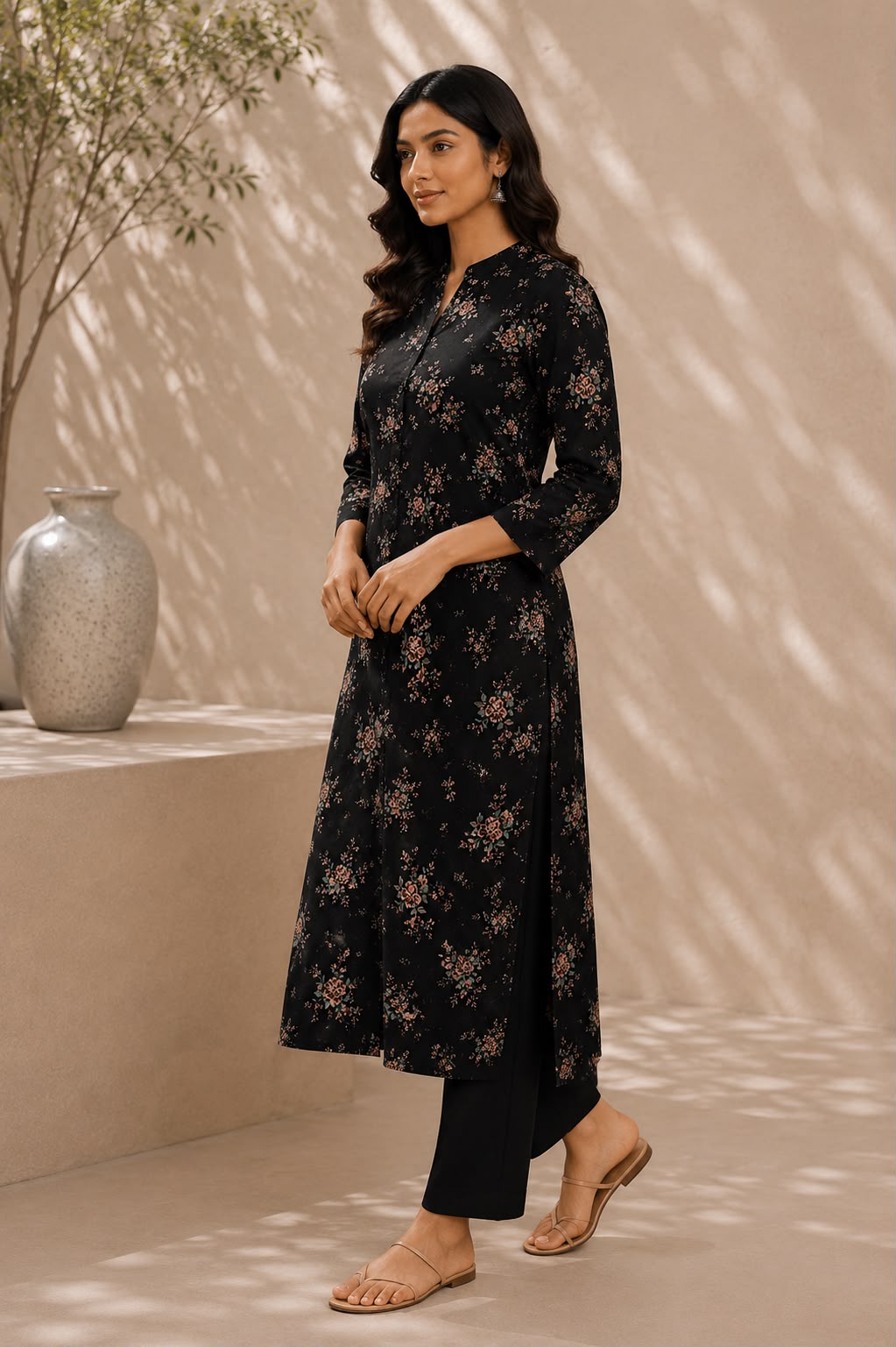 Black Floral Rayon Cotton Kurti