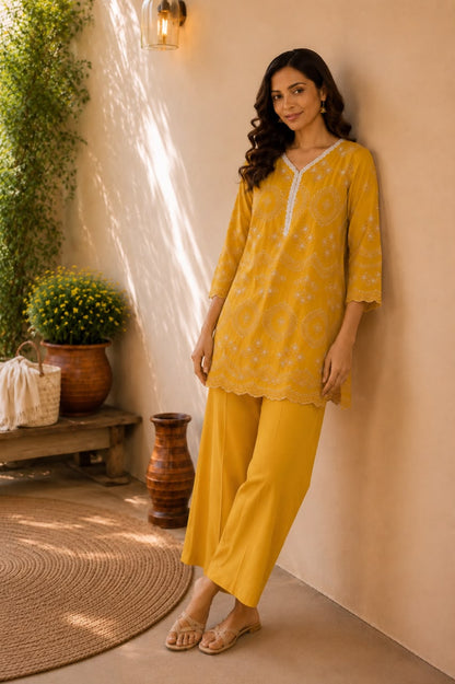 Yellow Schiffli Cotton Co-ord Set