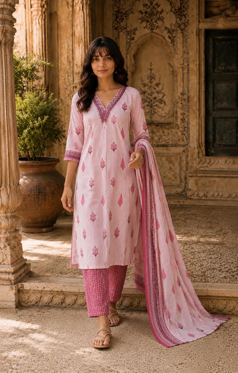 Pink Jaipur Print Cotton Suit Set