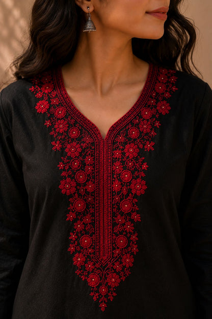 Black Embroidered Silk Kurta Set