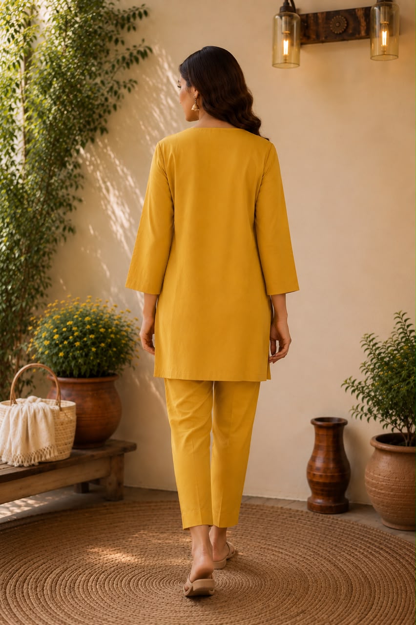 Yellow Schiffli Cotton Co-ord Set