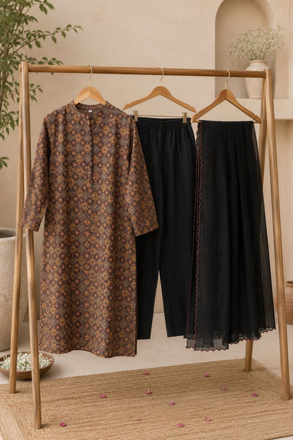 Black Printed Cotton Kurta Set