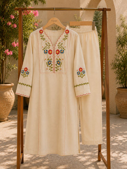 Off-White Embroidered Cotton Kurta Set