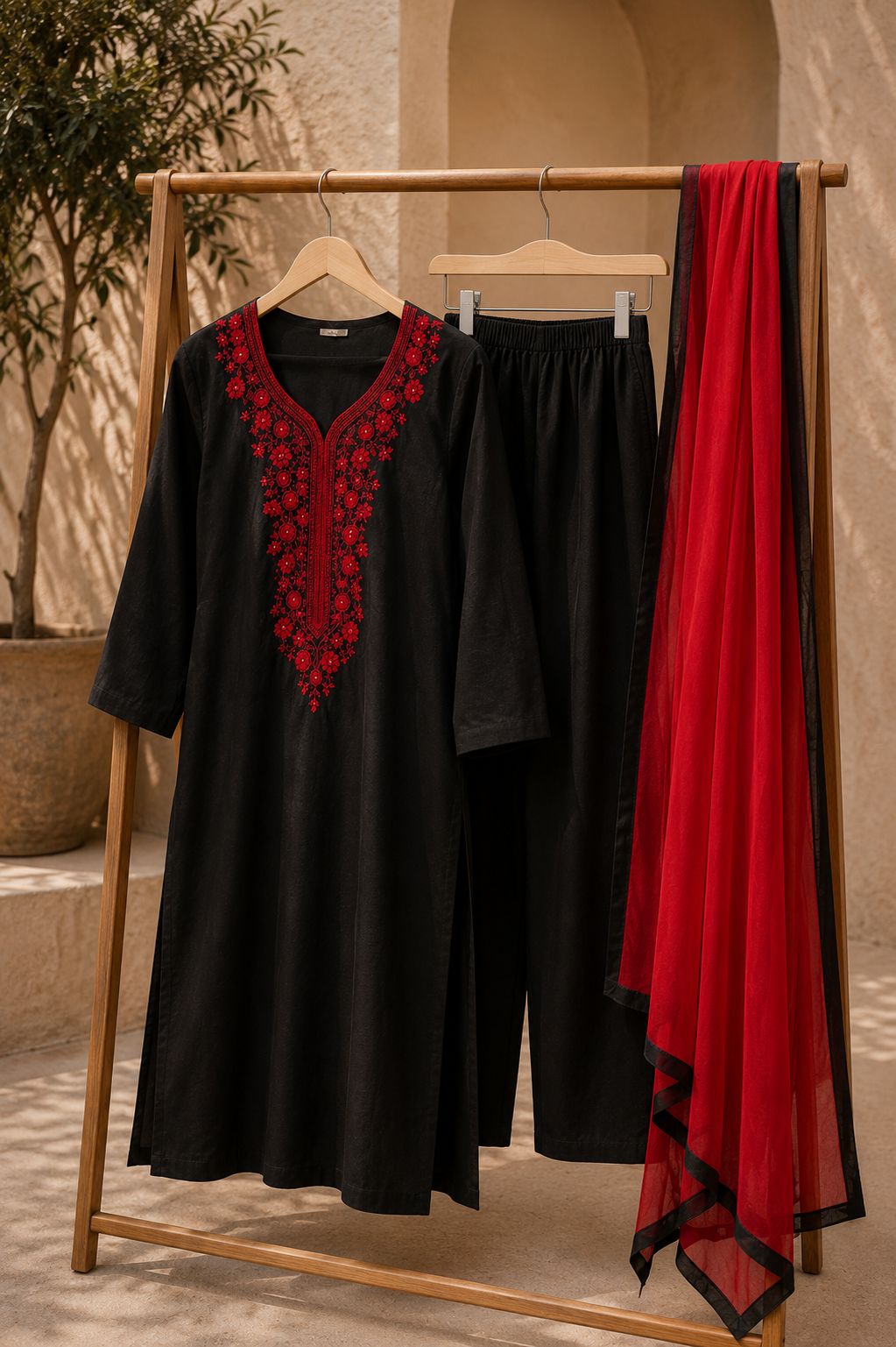 Black Embroidered Silk Kurta Set