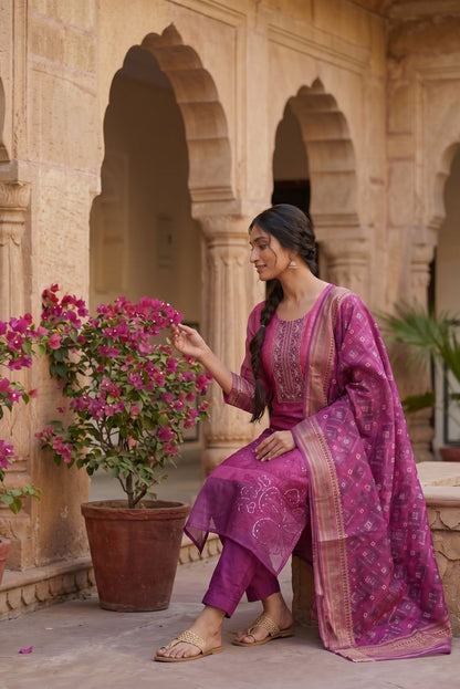 Magenta Embroidered Suit Set