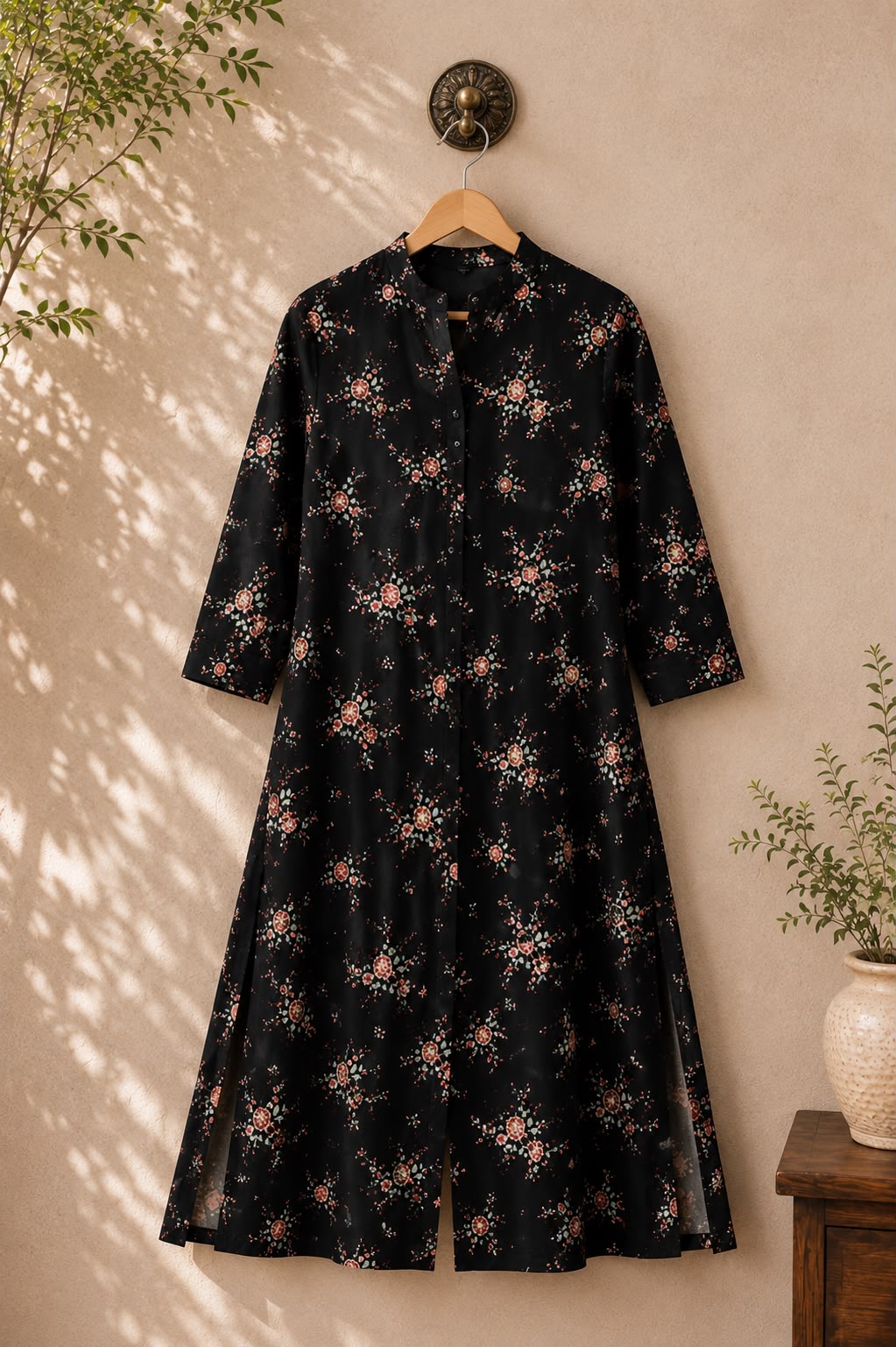 Black Floral Rayon Cotton Kurti