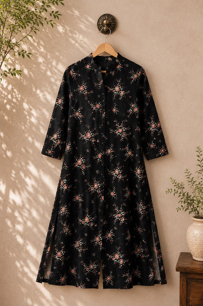 Black Floral Rayon Cotton Kurti