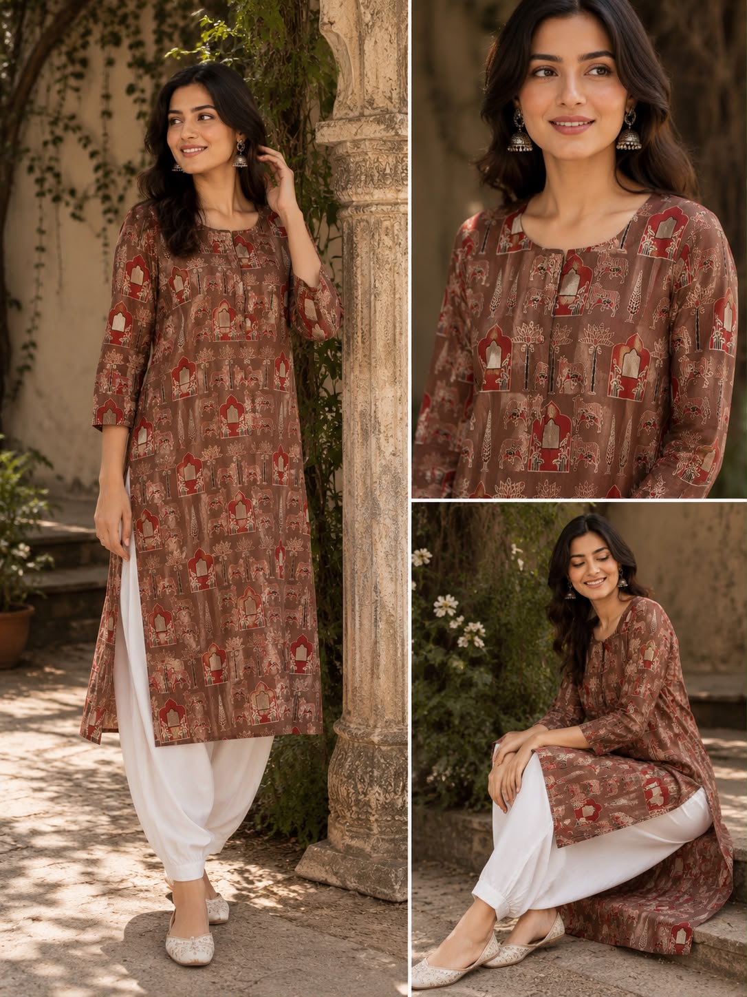 Brown Mughal Print Cotton Kurti