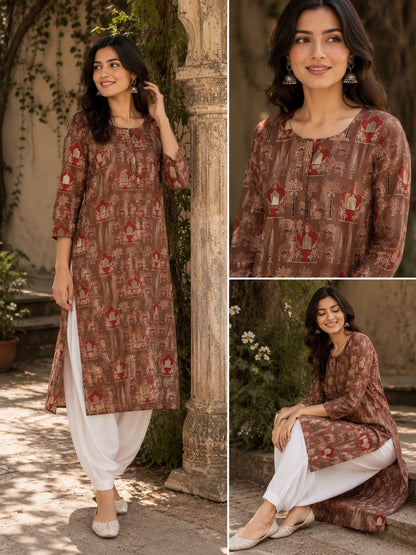 Brown Mughal Print Cotton Kurti