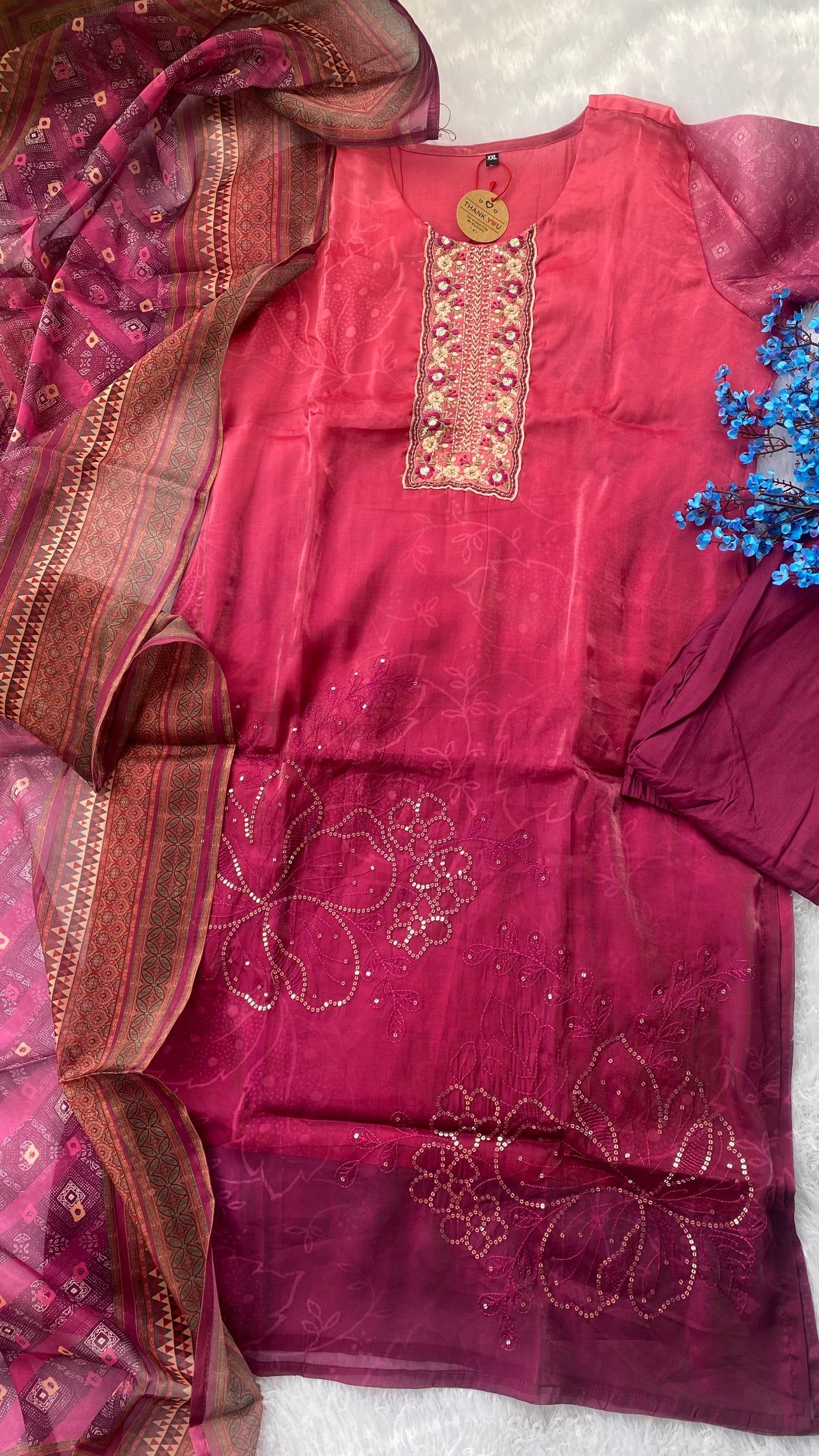 Wine Ombre Embroidered Suit Set with Duppatta